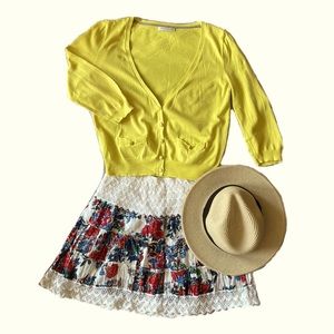 Promod v-neck cardigan w/ 2 pockets 3/4 bell sleeves buttons cream yellow W Sm